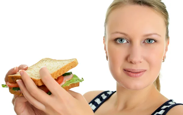 Aantrekkelijke vrouw met sandwich, geïsoleerd op wit — Stockfoto