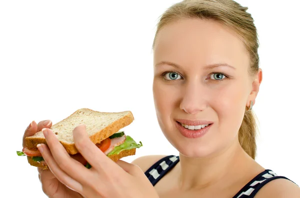 Attraente femmina con panino, isolato su bianco — Foto Stock