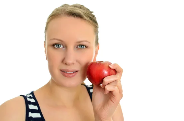 Красива дівчина з яблуком, ізольована на білому — стокове фото