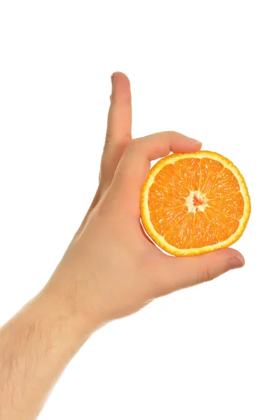 Man's hand shows a gesture OK with orange, isolated on a white — Stock Photo, Image