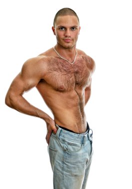 Attractive shirtless male in jeans, isolated on white clipart