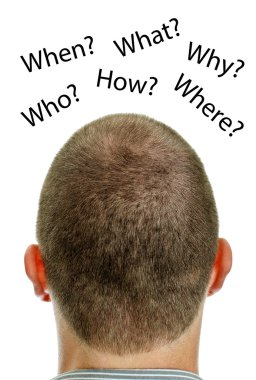 Closeup of mans head with questions. Isolated on white. clipart