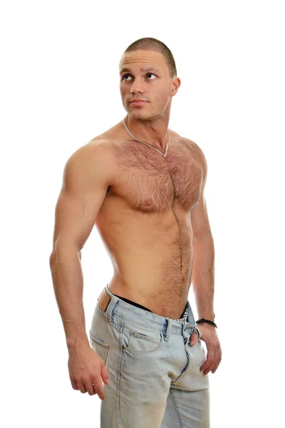 Atraktivní shirtless muž v džínách, izolované na bílém — Stock fotografie