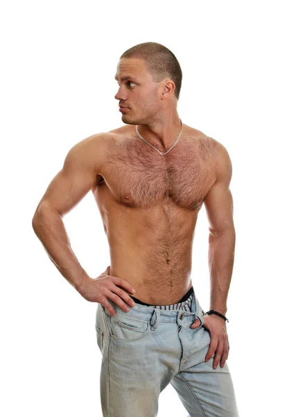 Atractivo hombre sin camisa en jeans, aislado en blanco —  Fotos de Stock