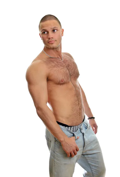 Attraente maschio senza camicia in jeans, isolato su bianco — Foto Stock