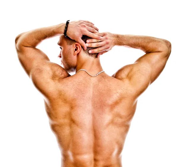 Der muskulöse Bodybuilder zurück. isoliert auf weiß. — Stockfoto
