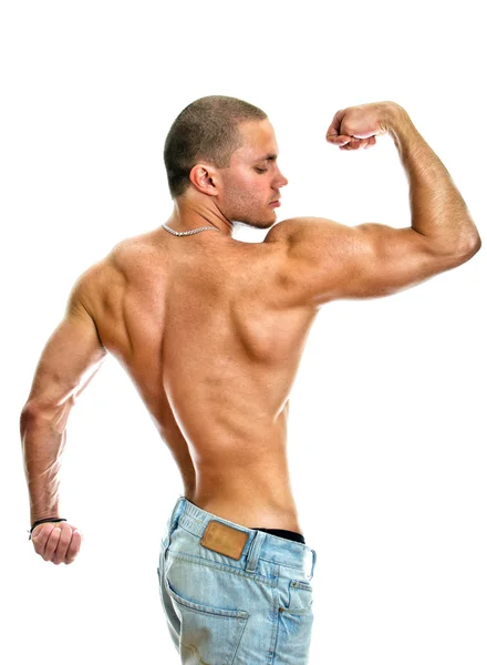 Atraktivní shirtless muž v džínách, izolované na bílém — Stock fotografie