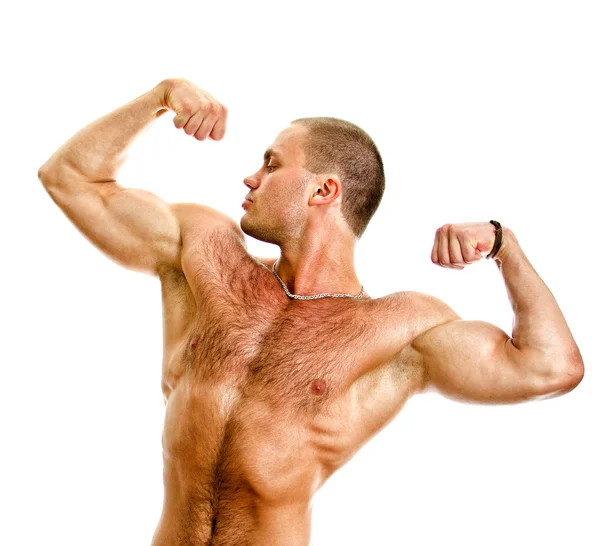 Muskulöser Bodybuilder-Oberkörper. isoliert auf weißem Hintergrund. — Stockfoto