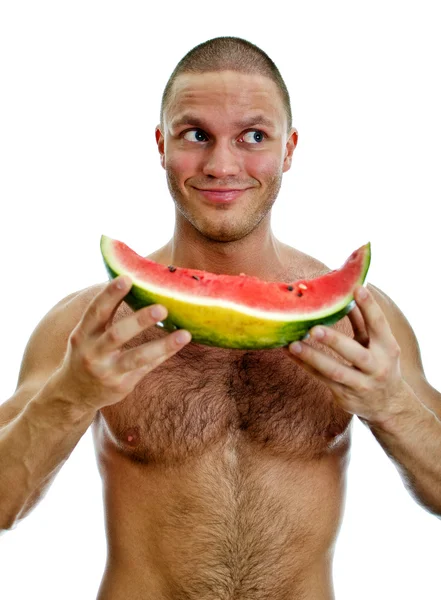 Muskulöser Mann mit Wassermelone. isoliert auf weiß — Stockfoto