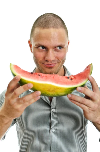 Pohledný muž hospodářství meloun. izolované na bílém — Stock fotografie