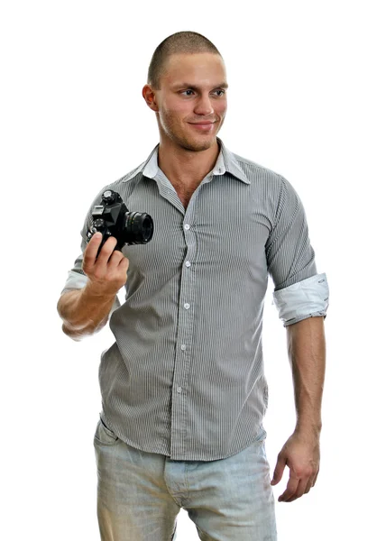 Άνθρωπος με κάμερας ρετρό. απομονωθεί σε λευκό. — Φωτογραφία Αρχείου