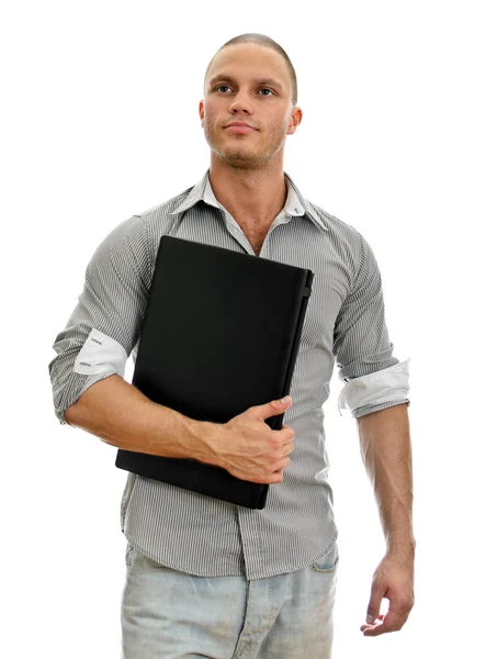 年轻男子带笔记本电脑。在白色背景上孤立. — 图库照片
