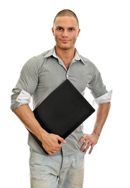 Jovem homem wih laptop. Isolado sobre fundo branco . — Fotografia de Stock