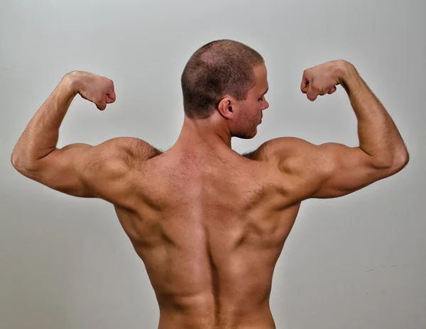 Der muskulöse Bodybuilder zurück. auf grauem Hintergrund. — Stockfoto