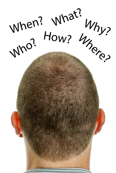 Detailní záběr na mans hlavu s otázkami. izolované na bílém. — Stock fotografie