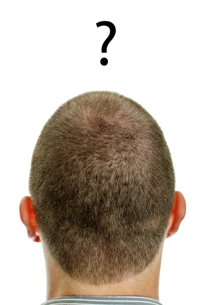Primer plano de la cabeza del hombre con la pregunta. Aislado sobre blanco . —  Fotos de Stock