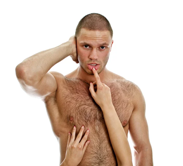 Женские руки касаются губ мужчин. Изолированные на белом . — стоковое фото