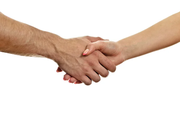 男人和女人握手。在白色隔离. — 图库照片