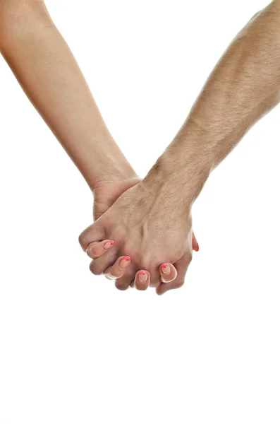 A mão do homem segurando a mão da mulher. Isolado em branco . — Fotografia de Stock