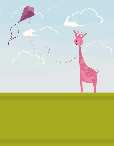 Cute pink giraffe with the kite — Stock Vector