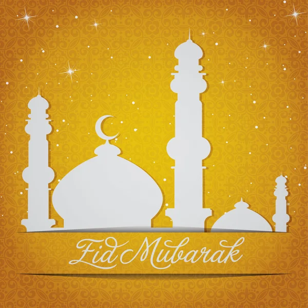 Bílé zlato stříbrné mešitu a hvězdy "eid mubarak" (blahoslavené eid) karta — Stock fotografie