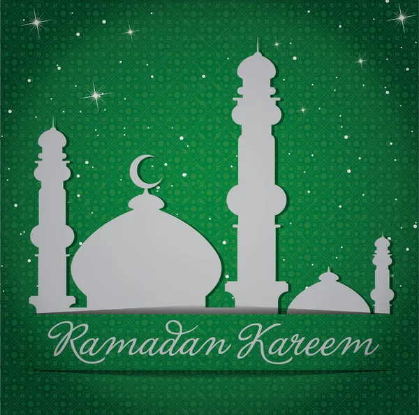 Bílé zlato stříbrné mešitu a hvězdy "Ramadán kareem" (štědrý Ramadán) karta — Stock fotografie