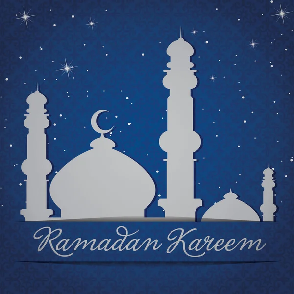 Ezüst fehér arany mecset és a csillagok "eid mubarak" (boldog eid) kártya — Stock Fotó