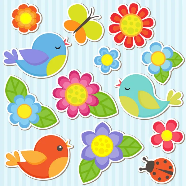 Conjunto de flores e pássaros — Vetor de Stock