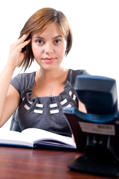 Young woman ready to answer the phone — Stock Photo, Image