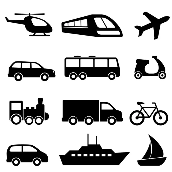 Icone di trasporto in nero — Vettoriale Stock