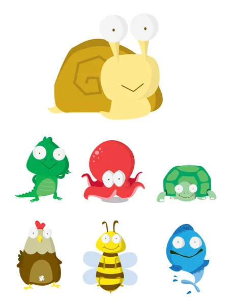 Set Animaux Slug, Crocodile, Pieuvre, Tortue, Poulet, Poisson d'abeille — Image vectorielle