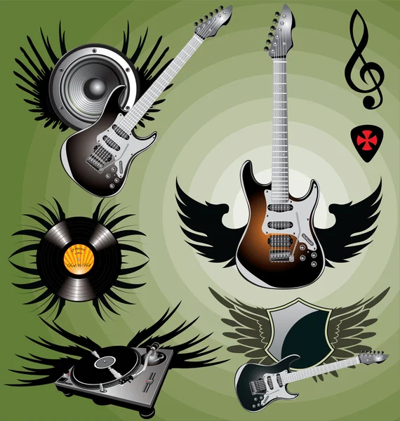 Achtergrond met elektrische gitaar, luidsprekers en vleugels — Stockvector