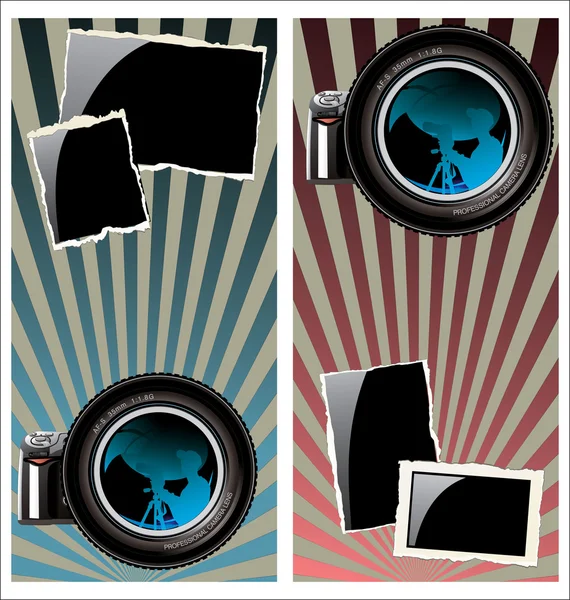 Lens and old photo frame on retro background — Stock Vector