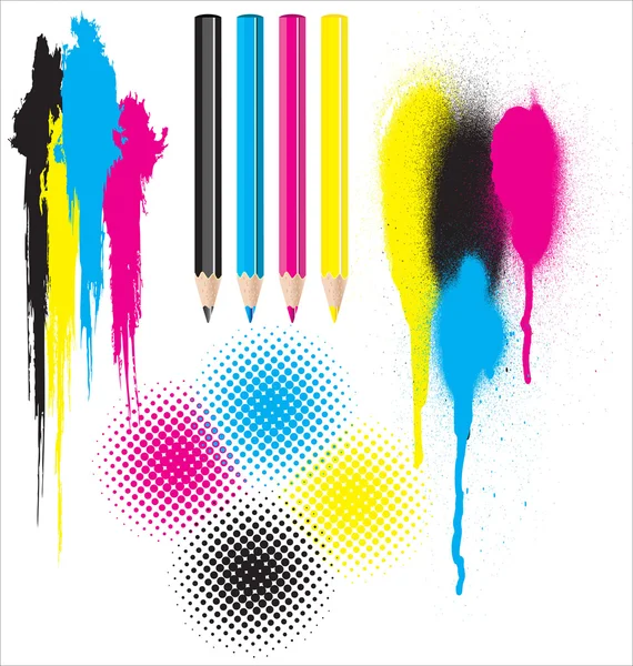 stock vector CMYK splatters. pencils and halftones