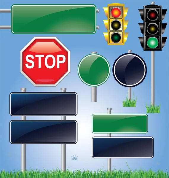 Vetor sinal de estrada vazio e conjunto de semáforos Vetores De Bancos De Imagens Sem Royalties