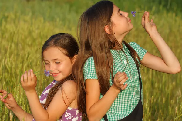 Две девушки играют на свежем воздухе — стоковое фото