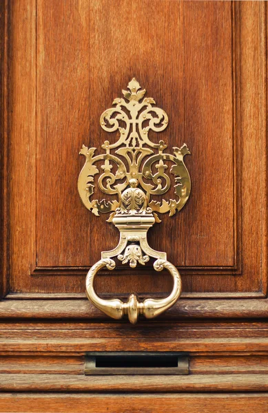Luksusowe rzeźbione złote kolorowe drzwi Knocker na tle drzwi — Zdjęcie stockowe