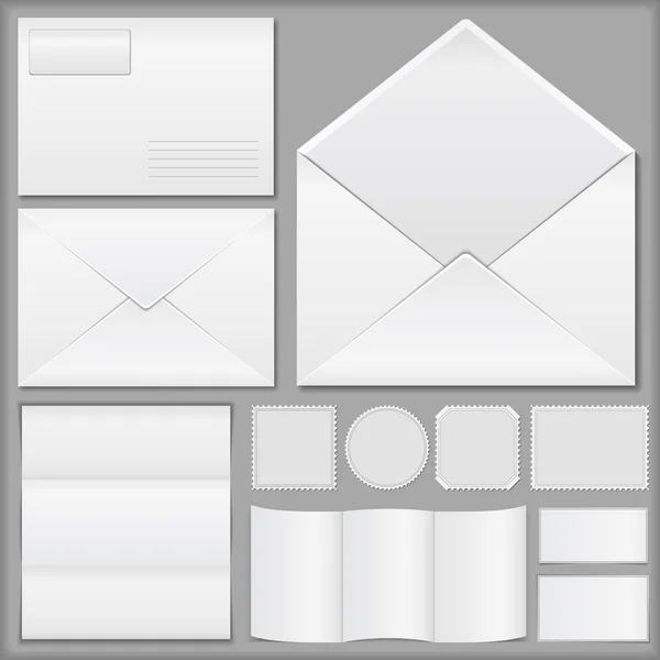 Envelopes, papel e selos postais — Vetor de Stock