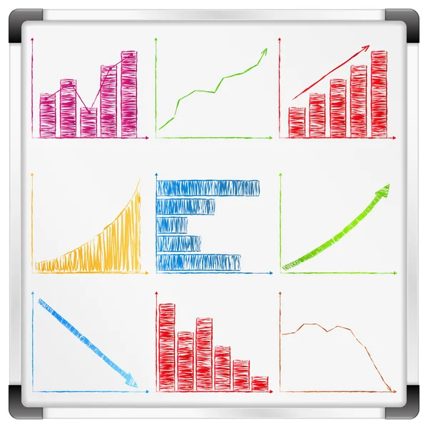 Whiteboard met verschillende grafieken en diagrammen — Stockvector