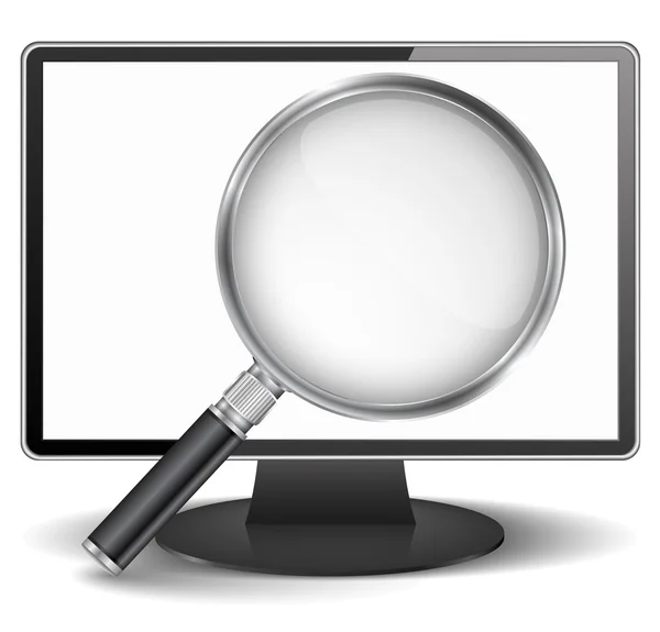 Computer monitor with magnifying glass — Stock Vector