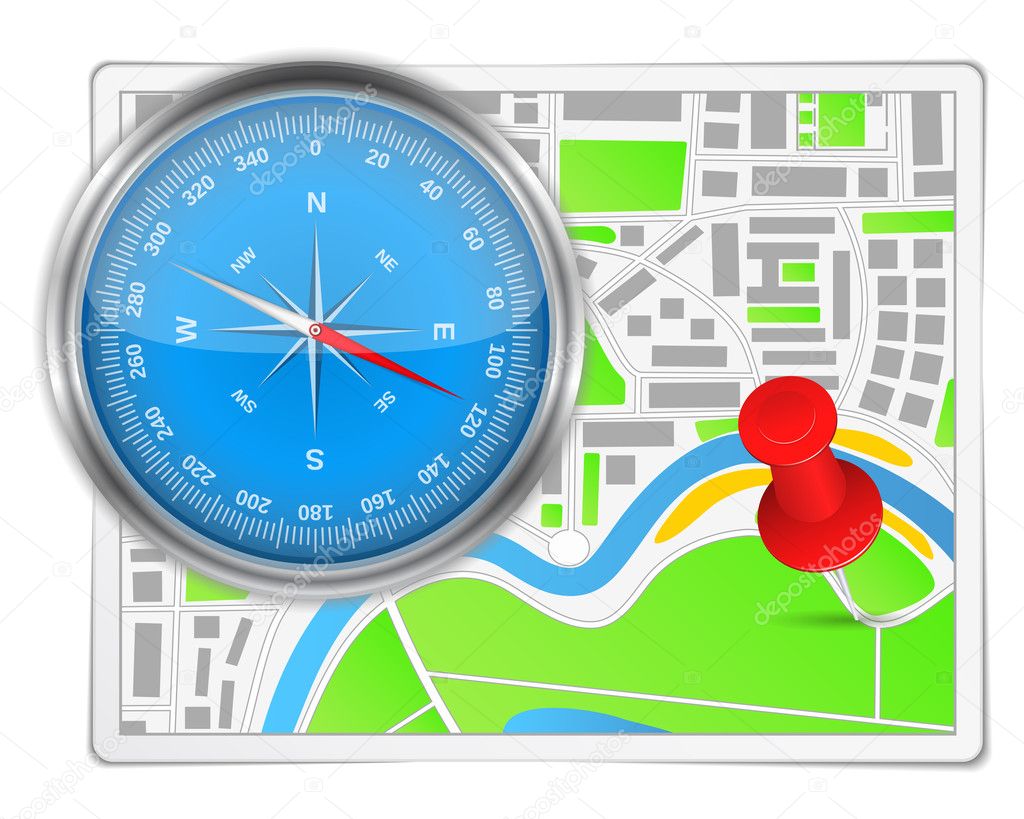 Abstract map with compass and push pin