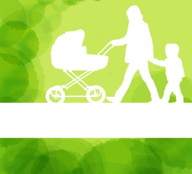 Mother with baby carriage and kid background clipart