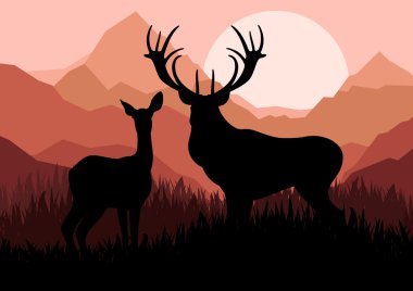 Deer family couple silhouettes in wild mountain nature landscape clipart