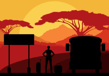 Passenger bus and waiting tourist with luggage in front of wild clipart