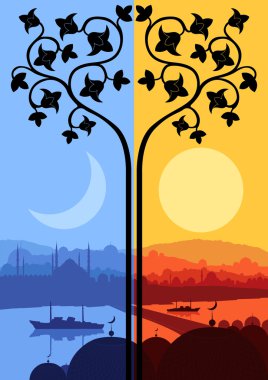 Vintage Arabic city landscape night and day cycle illustration b clipart