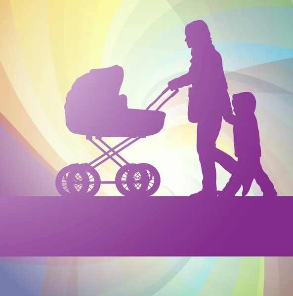 Madre con carro de bebé y fondo de niño — Vector de stock