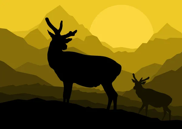 Coppia di cervi silhouette in natura selvaggia di montagna paesaggio — Vettoriale Stock