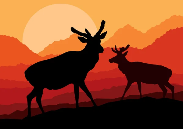 Coppia di cervi silhouette in natura selvaggia di montagna paesaggio — Vettoriale Stock