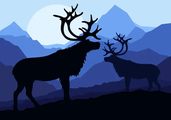 Sylwetki rodziny kilka jeleni w dzikiej górskiej przyrody — Wektor stockowy