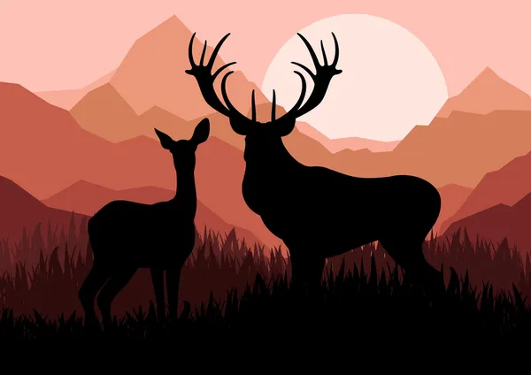 Szarvasok családi pár sziluettek vad hegyi természetvédelmi táj — Stock Vector